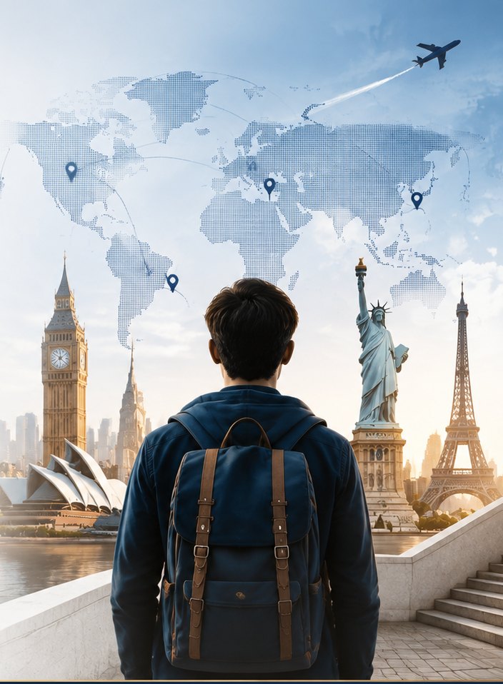 Student with a backpack looking toward Big Ben, the Statue of Liberty, the Eiffel Tower and the Sydney Opera House