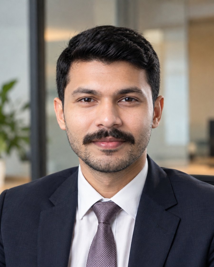 Kashan Nazeer, founder of VL Study Abroad Consultants, in a navy suit and tie at the office