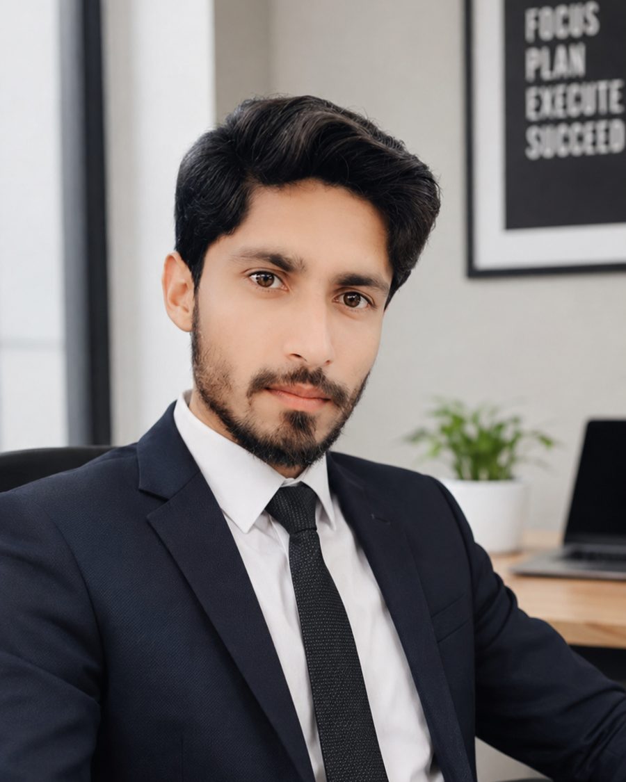 Umer Sattar, co-founder of VL Study Abroad Consultants, at his desk in a navy suit